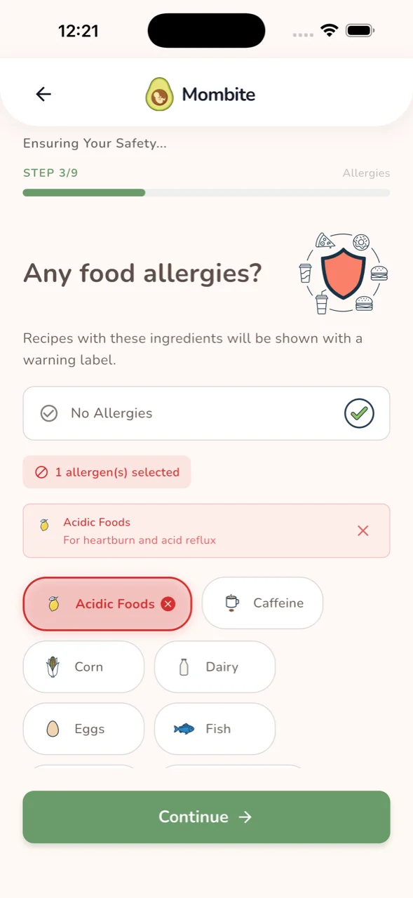 Food allergy & safety setup
